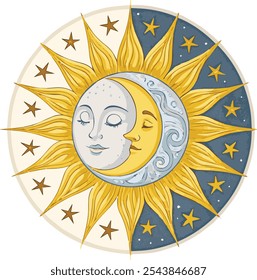Sun and Moon Opposing Each Other Icon, Colorful Symbol of Day and Night