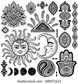 Sun, moon and ornaments vintage vector set