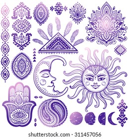 Sun, moon and ornaments vintage vector isoalted set