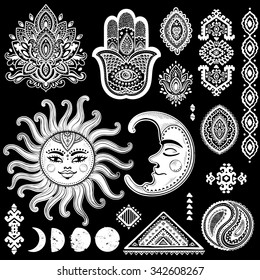 Sun, moon and ornaments vintage vector isoalted set