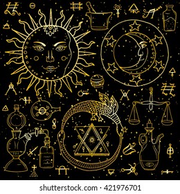 The Sun, Moon, Ouroboros and philosophical stone with other alchemical signs