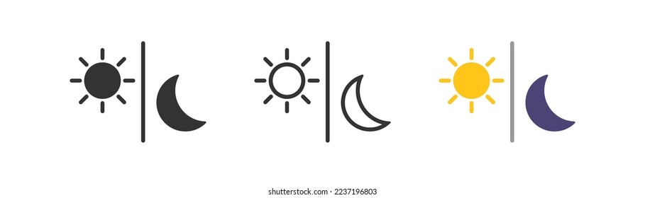 Icono de contorno de sol y luna. Tema oscuro y ligero para el concepto de aplicación. Signo de web ui. Símbolo de luz solar y luz de la luna. Diseño sencillo y plano. Ilustración vectorial.
