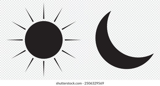 Sun and moon outline icon. Dark and light theme for app concept. Web ui sign. Moonlight and sunlight symbol. Simple flat design. EPS 10.