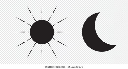 Sun and moon outline icon. Dark and light theme for app concept. Web ui sign. Moonlight and sunlight symbol. Simple flat design. EPS 10.