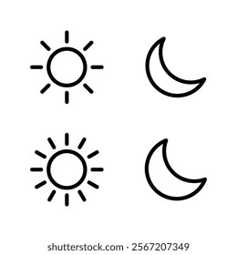 Sun and moon outline icon isolated on white background. Day and night weather forecast sign symbol