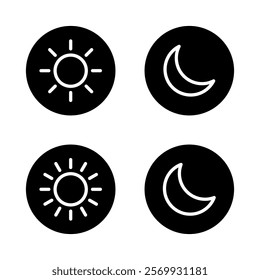 Sun and moon outline icon on black circle. Day and night weather forecast sign symbol