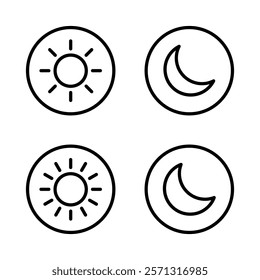 Sun and moon outline icon on circle line. Day and night weather forecast sign symbol