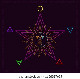 Sun and Moon over five points star with 5 nature elements, water, fire, earth, wind and soul. Nordic runes rounded the wicca elements over dark violet background