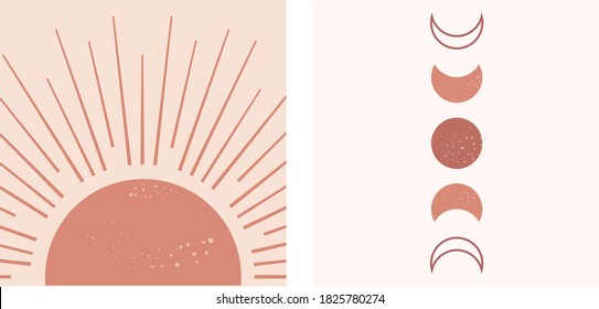 
Sun and Moon Phases Art Print Boho Decor. Abstract contemporary aesthetic, Mid century modern minimalist vector illustration