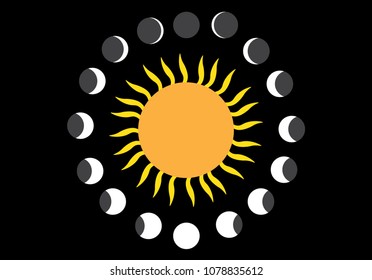 Sun and Moon phases astronomy icon set Vector Illustration on the black background.