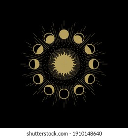 Sun and moon phases decorated with orbits of stars or planets. Abstract engraving illustration with esoteric, boho, spiritual, geometric, astrology, magic themes, for tarot reader, card or posters