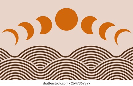 sol e lua fases sobre a superfície do mar abstrato cartaz moderno, astrologia ou ilustração vetor esotérico, papel de parede ou parede imprimir decoração, boho sol e crescente minimalista meados século arte retro