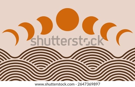 sun and moon phases over sea surface abstract modern poster, astrology or esoteric vector illustration, wallpaper or wall print decoration, boho sun and crescent minimalist mid century retro art