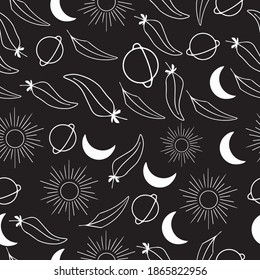 sun moon planet feathers boho vector seamless pattern