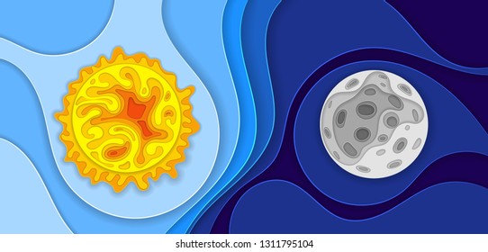 Sun and Moon. Planet in paper cut style. Vector