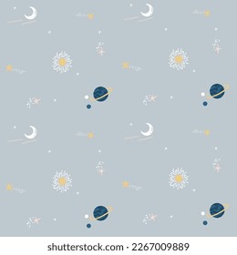 Sun, moon, planets. Seamless pattern with vector illustrations with cosmos theme
