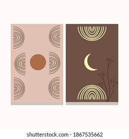 Sun and Moon Print Set of 2 Abstract Art. Vector Illustration. Abstract Sun. Minimalist Wallpaper For Interior