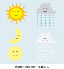 Sun, moon, rain and snow clouds with faces