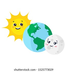 The sun and moon revolve around the earth, a cartoon character, isolated vector illustration