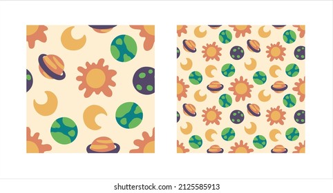 Sun, moon, saturn and earth pattern on pastel color background. Illustration for print, fabric, packaging or other uses.