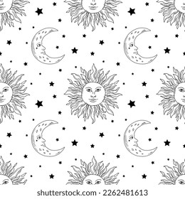 Sun and moon seamless pattern. Modern witchcrafts black outline vector illustration. Trendy spirituality line art.