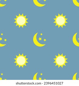 Sun and moon, seamless pattern, vector. Yellow sun and moon with stars on a blue background.