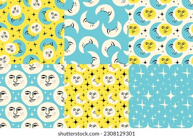 Sun and moon seamless patterns set. Modern Childish pattern with astrological symbols of sun and moon