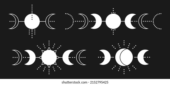 Sun and moon set. Graphic cycle moon illustration. Simple graphic style. White objects isolated on black background.