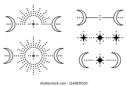 Sun and moon set. Simple graphic style. Universal use. Black objects isolated on white background.