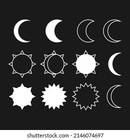 Sun and moon set. Simple graphic style. Universal use.  White objects isolated on black background.
