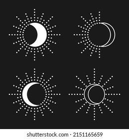 Sun and moon set. Simple graphic style. White objects isolated on black background.