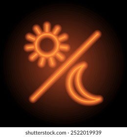 Sun moon simple icon vector. Flat design. Orange neon on black background.ai