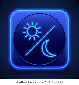 Sun moon simple icon vector. Flat design. Blue neon style on button. With shadow.ai