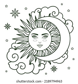 Sun and moon in the sky with clouds. Linear black and white hand drawing. For the design of coloring books, prints, posters, tattoos and so on. Vector