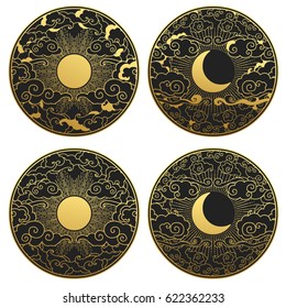 Sun and moon in the sky. Collection of decorative graphic design elements in oriental style. Vector hand drawn illustration