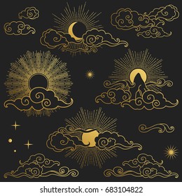 Sun and moon in the sky. Collection of decorative graphic design elements in oriental style. Vector hand drawn illustration 