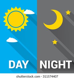 Sun and moon in sky, day and night. Vector