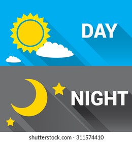 Sun and moon in sky, day and night. Vector