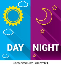 Sun and moon in sky, day and night. Vector
