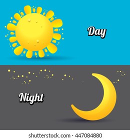 Sun and moon in sky, day and night. Vector illustration