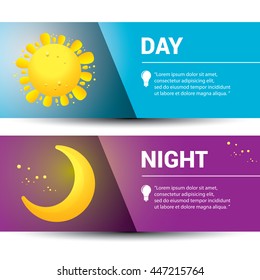 Sun and moon in sky, day and night. Vector