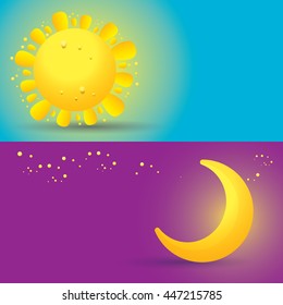 Sun and moon in sky, day and night. Vector