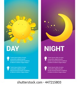 Sun and moon in sky, day and night. Vector