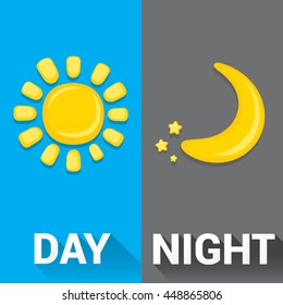Sun and moon in sky, day and night. Vector illustration
