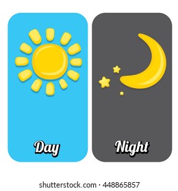 Sun and moon in sky, day and night. Vector illustration