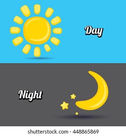 Sun and moon in sky, day and night. Vector illustration