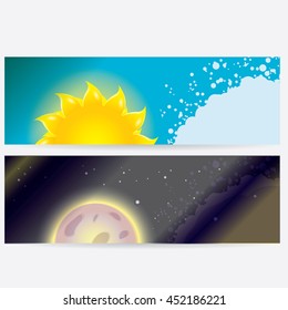 Sun and moon in sky, day and night. vector summer banner . Vector illustration