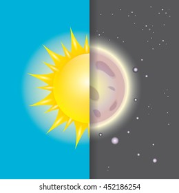 Sun and moon in sky, day and night. vector summer banner . Vector illustration