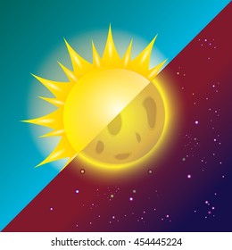 Sun and moon in sky, day and night. vector summer banner . Vector illustration