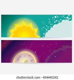 Sun and moon in sky, day and night. vector summer banner . Vector illustration